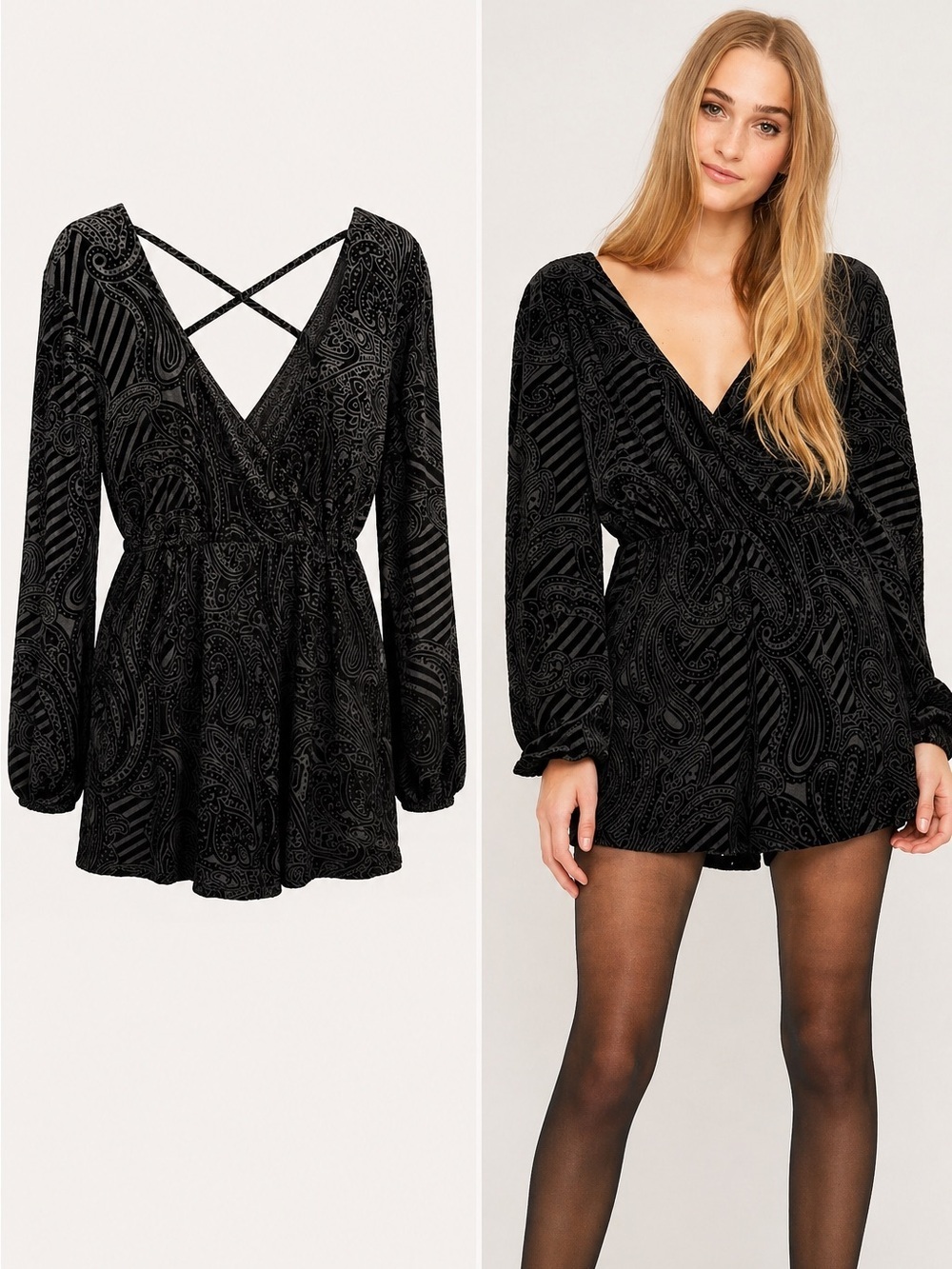 Ecote | Black Velvet Burnout Romper | Paisley Sheer Long Sleeve Boho | Size M